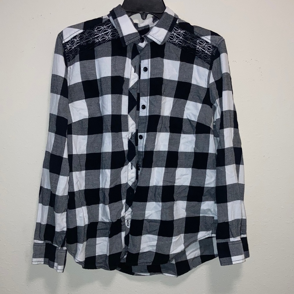 Black and white checked button down with black embroidery on shoulders size M